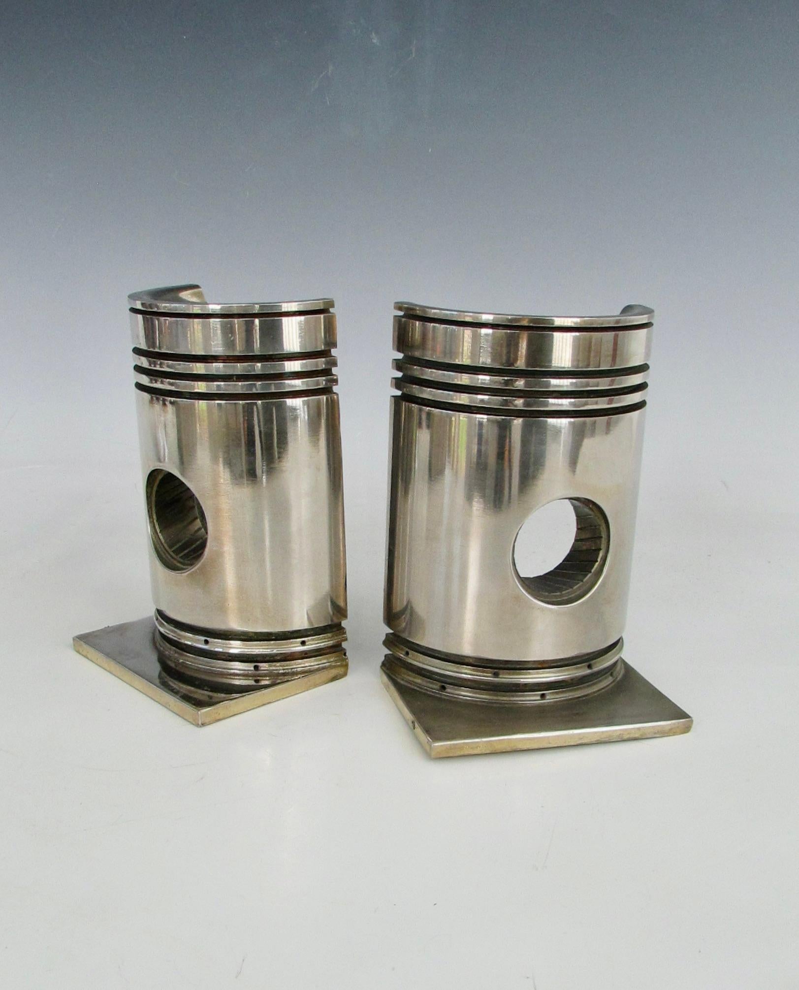 American Machine Age Industrial Nickel Plated Piston Bookends