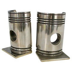 Vintage Machine Age Industrial Nickel Plated Piston Bookends