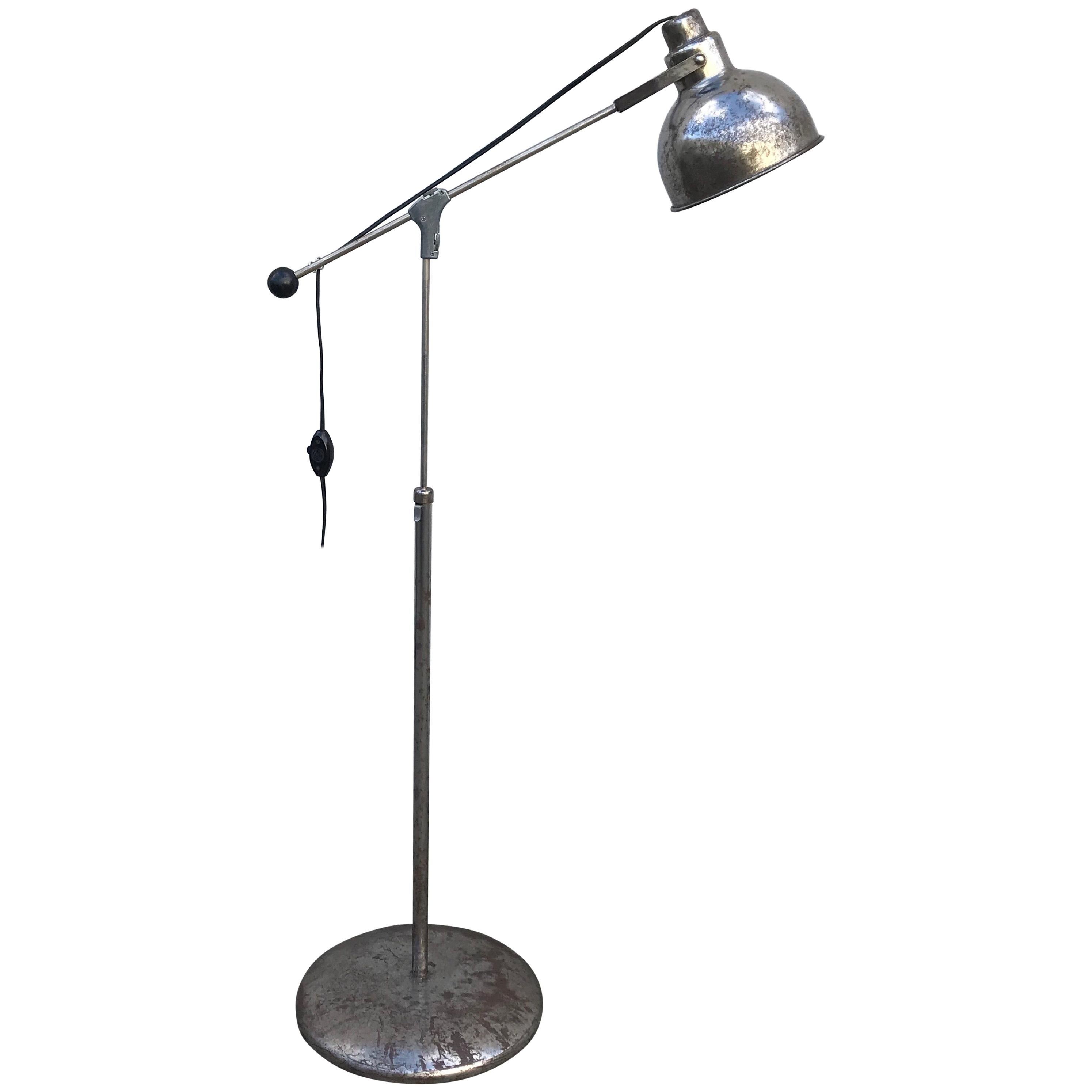 Machine Age Modern Industrial Steel Floor Lamp, Adjustable Height, 1930's For Sale