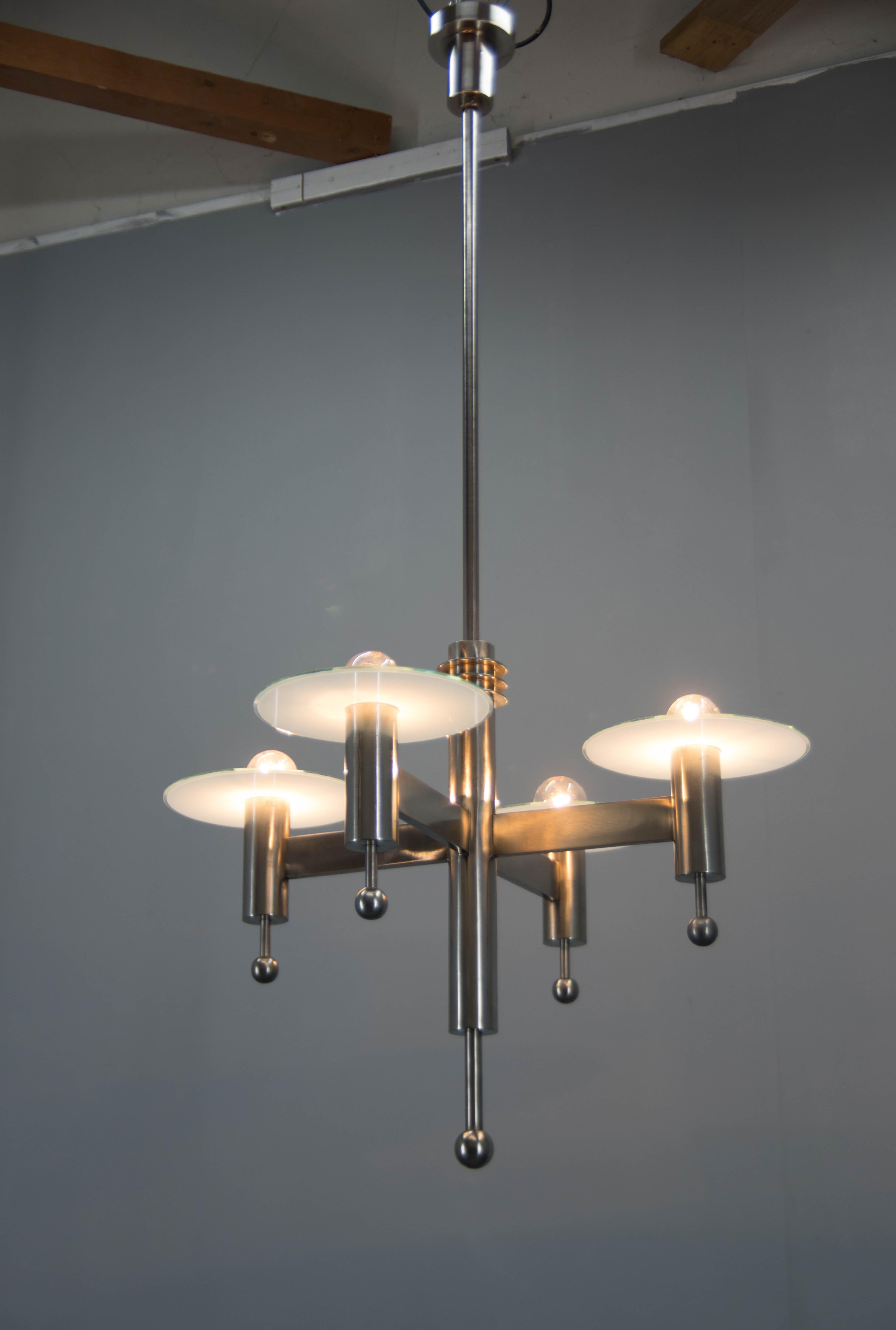 Czech Machine Age Nickel-Plated 4-Flamming Chandelier, 1920s For Sale