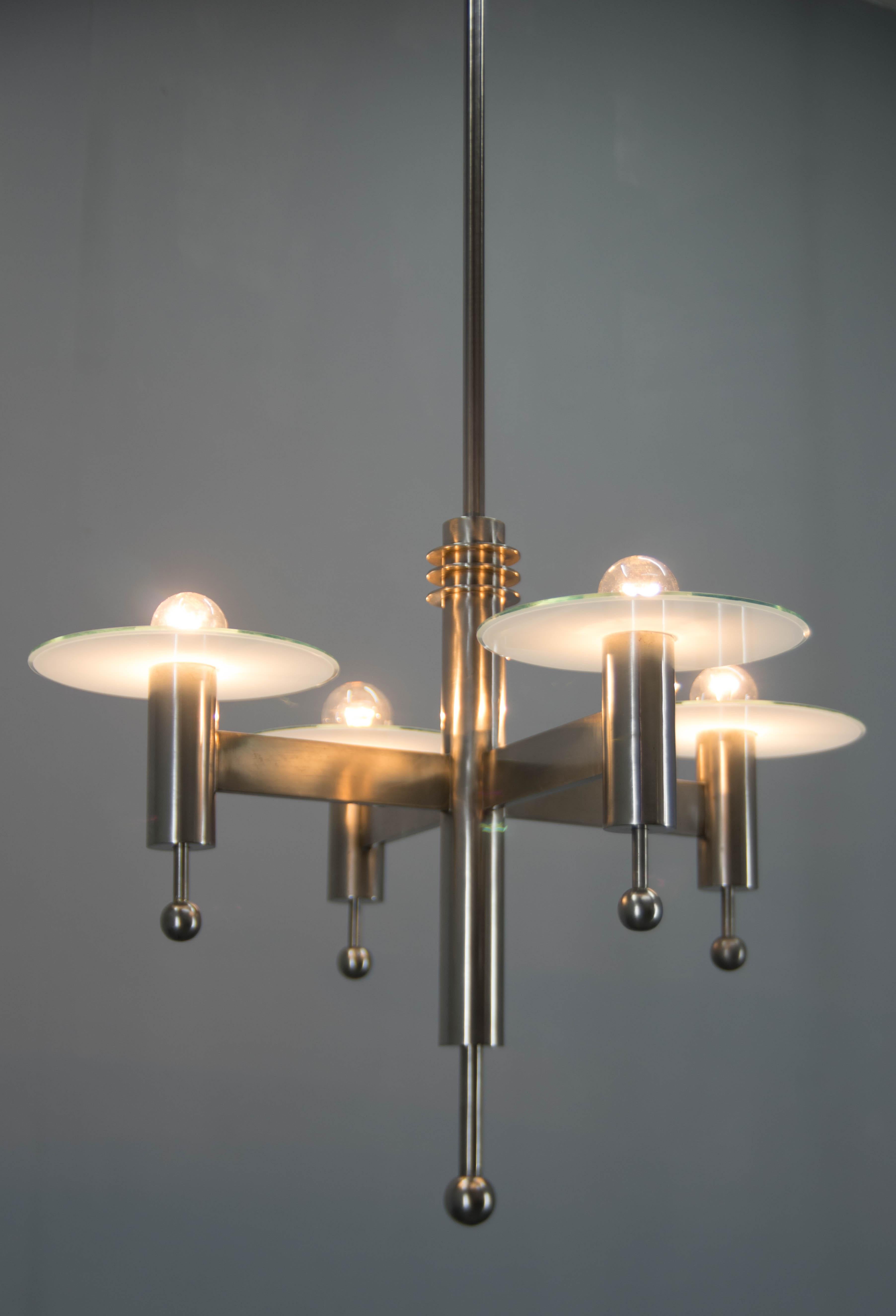 Opaline Glass Machine Age Nickel-Plated 4-Flamming Chandelier, 1920s For Sale