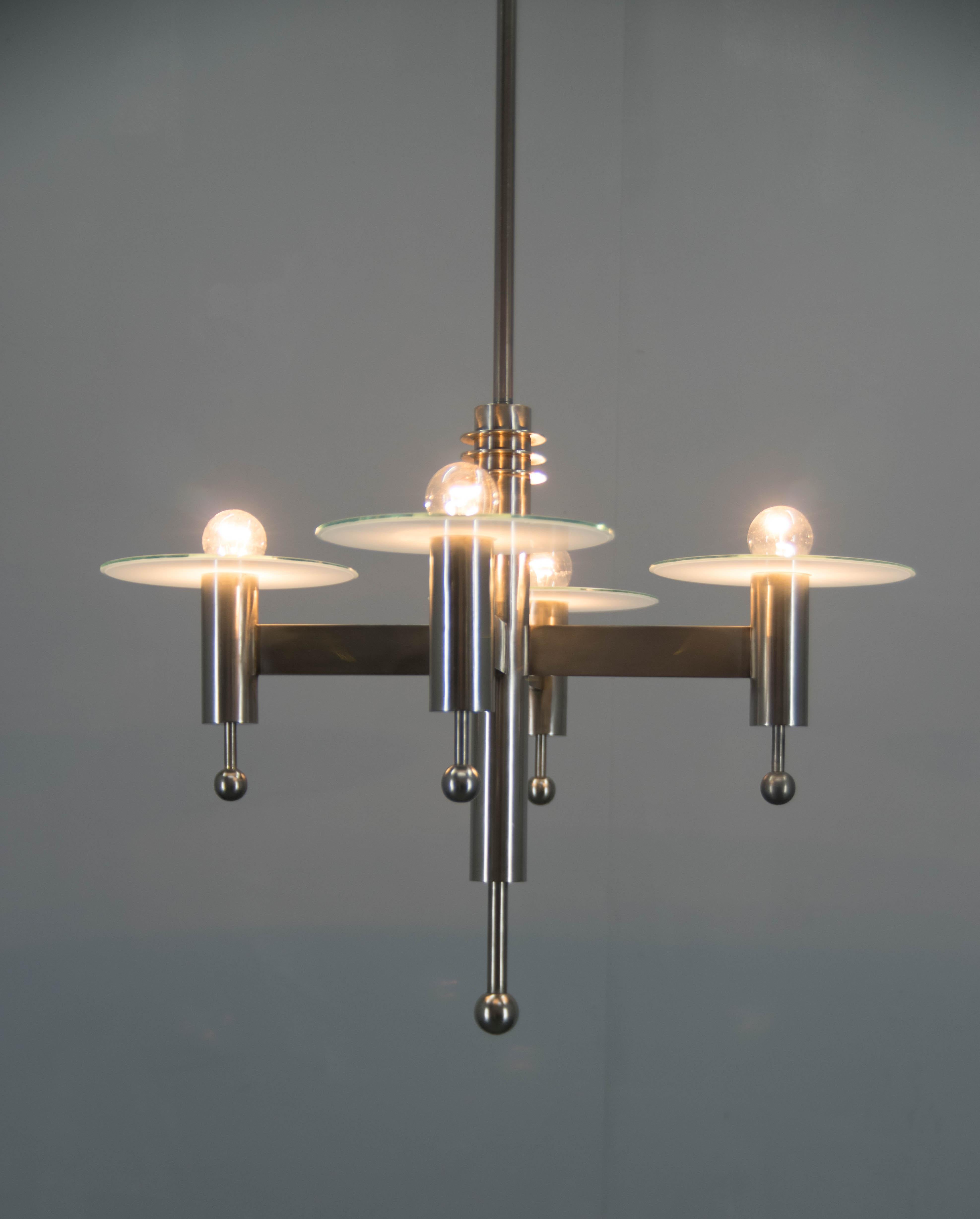 Machine Age Nickel-Plated 4-Flamming Chandelier, 1920s For Sale 1