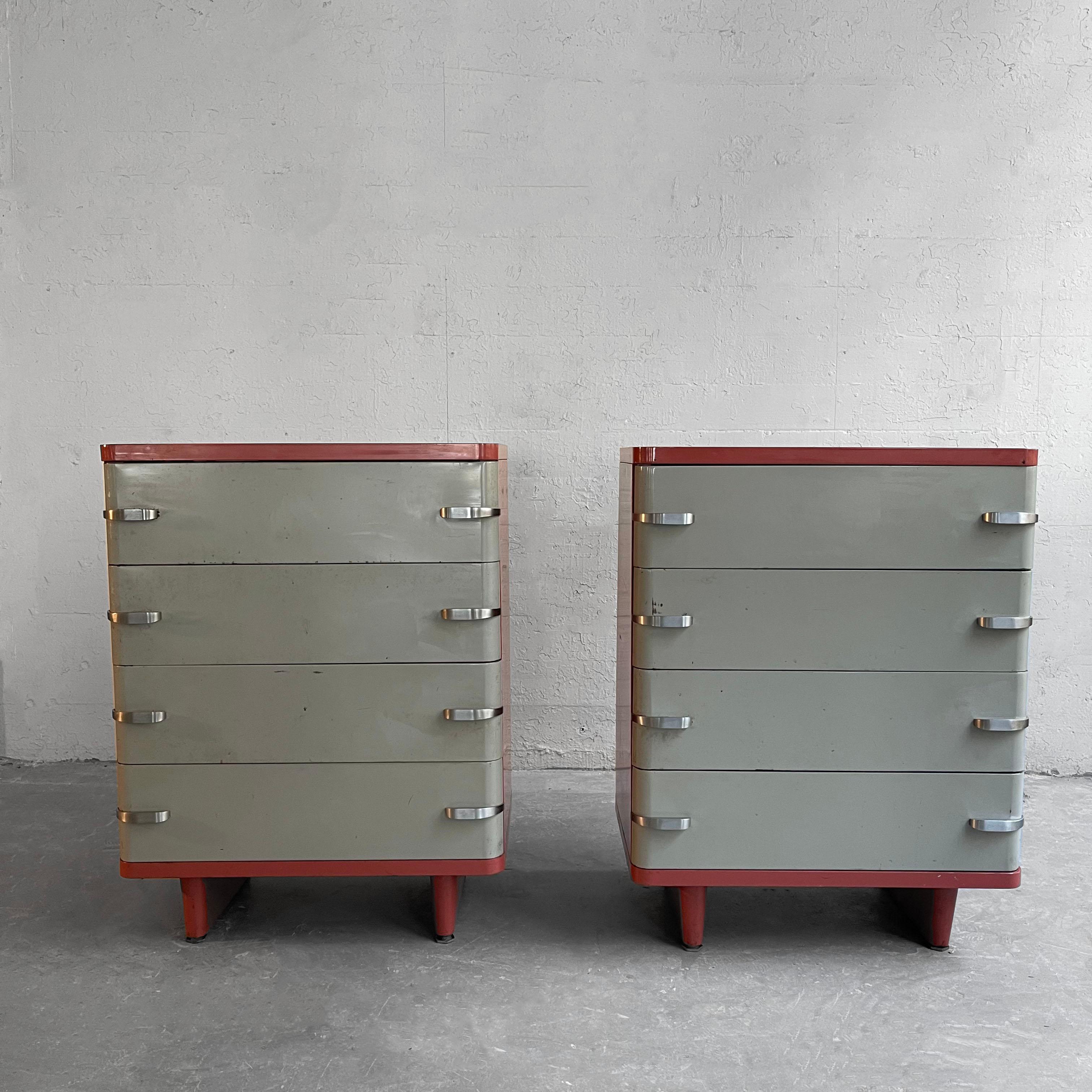 Streamlined, machine-age, painted steel, highboy dressers by Norman Bel Geddes for Royal Metal Manufacturing Co. with five generous drawers at 7.75 inches height feature the fabulous color combination of salmon pink surrounds and putty drawers with