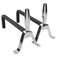 Machine Age Polished Chrome and Wrought Iron Andirons, 1950s