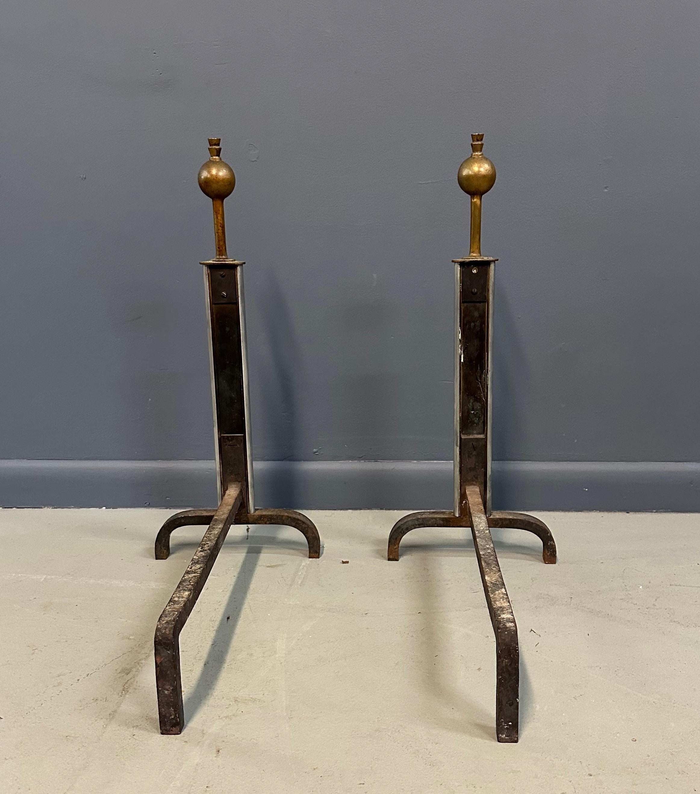 Machine Age Polished Steel and Brass Andirons, Early-20th Century Bon état - En vente à Philadelphia, PA