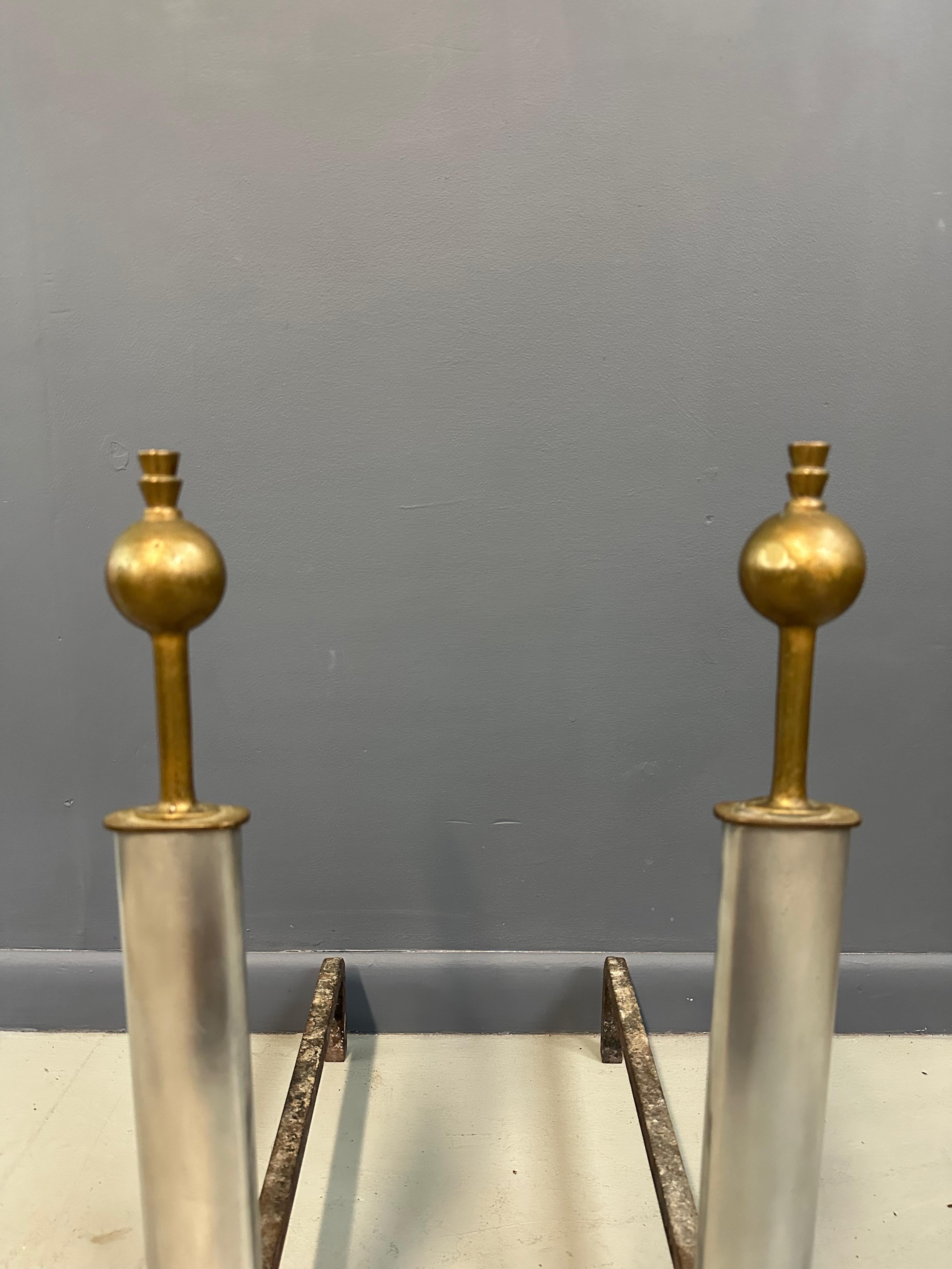 20ième siècle Machine Age Polished Steel and Brass Andirons, Early-20th Century en vente