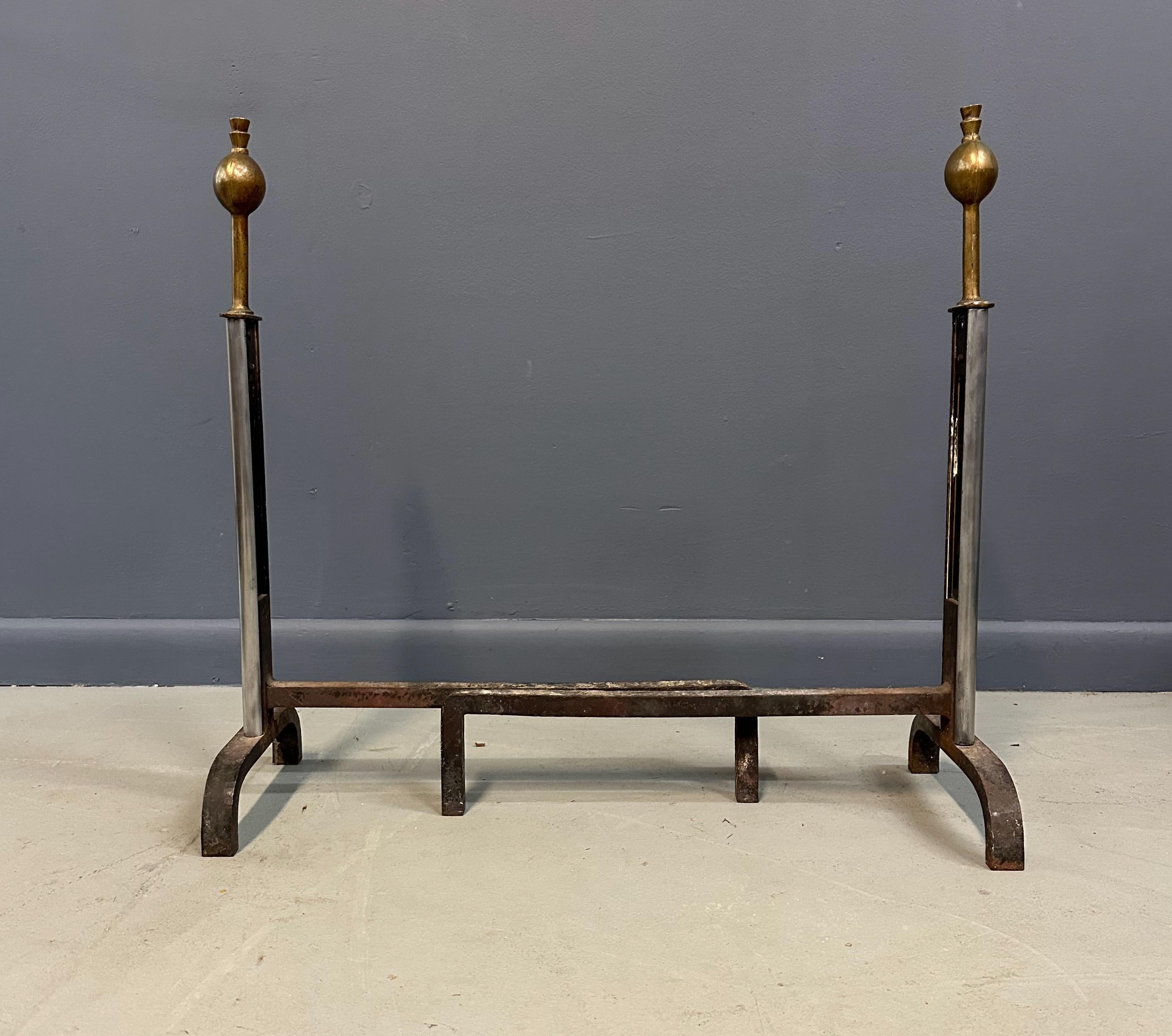 Laiton Machine Age Polished Steel and Brass Andirons, Early-20th Century en vente