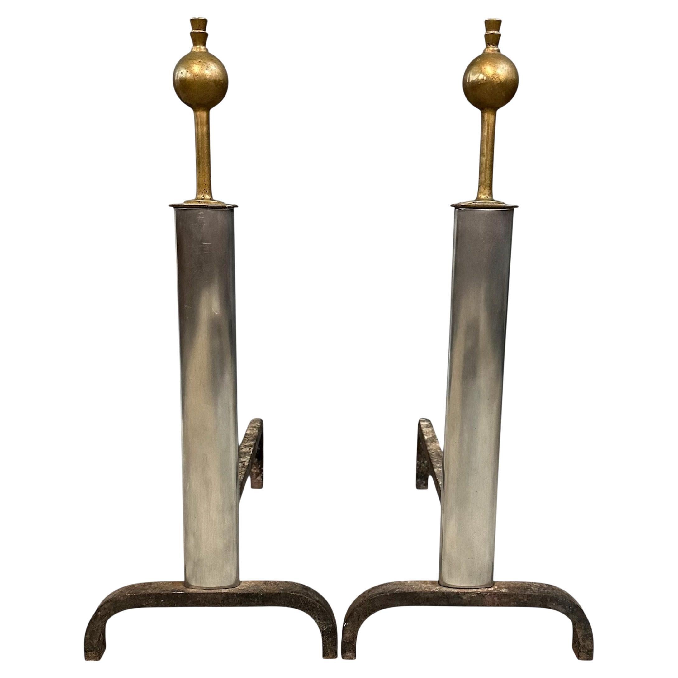 Machine Age Polished Steel and Brass Andirons, Early-20th Century