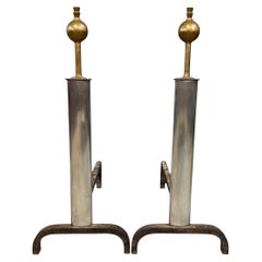 Machine Age Polished Steel and Brass Andirons, Early-20th Century