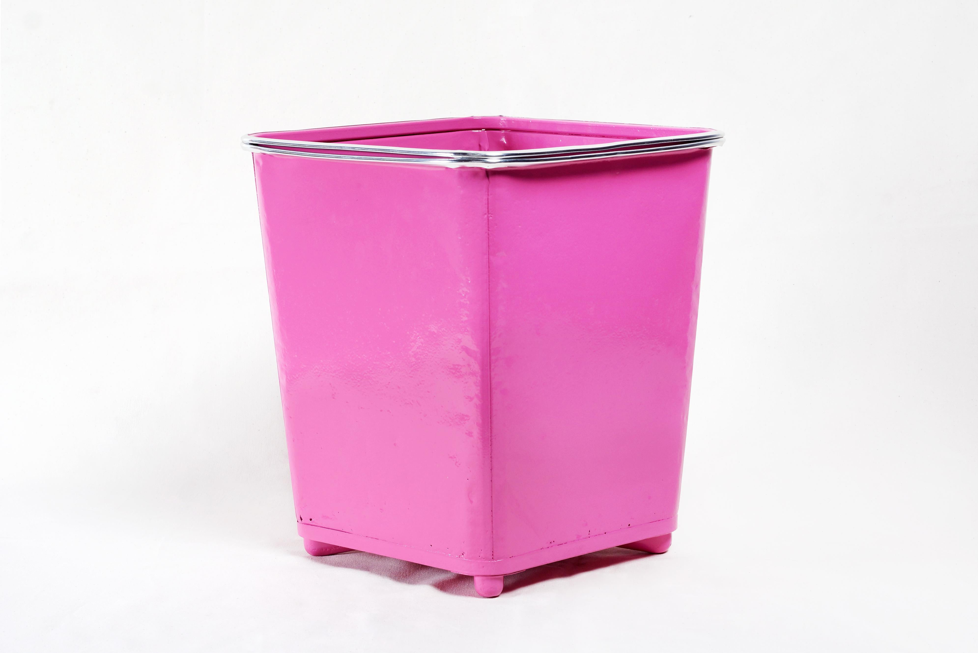 American Machine Age Steel Trash Can with Aluminium Trim, Refinished in Pink
