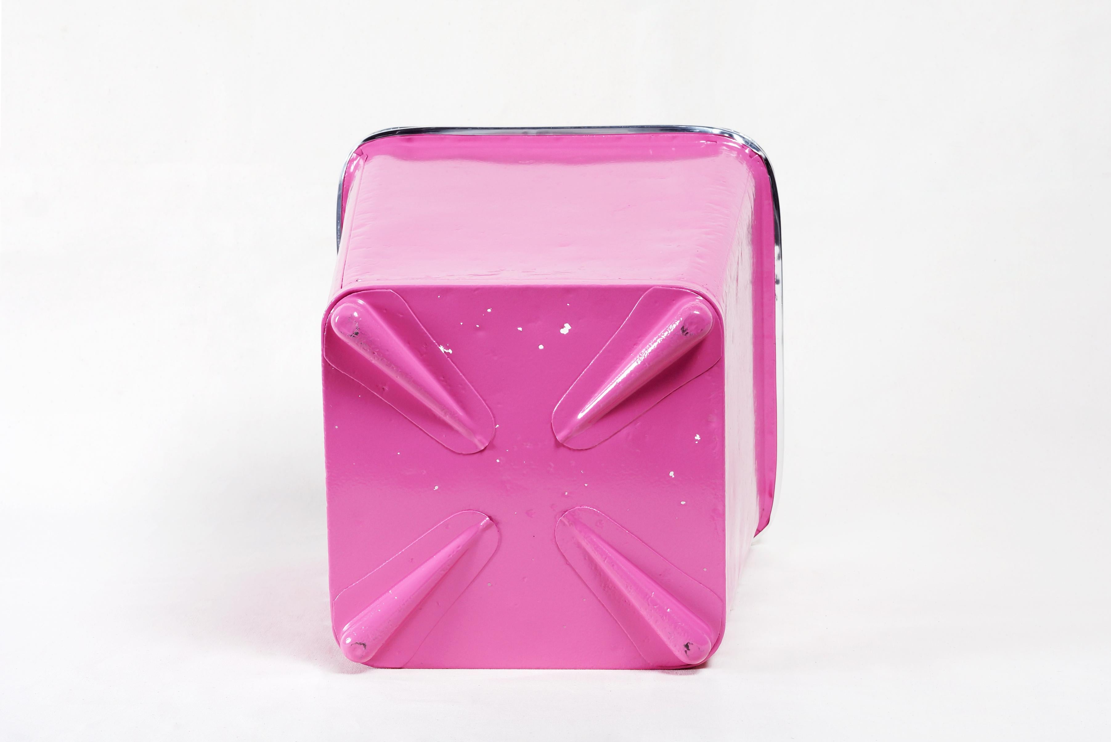 Powder-Coated Machine Age Steel Trash Can with Aluminium Trim, Refinished in Pink