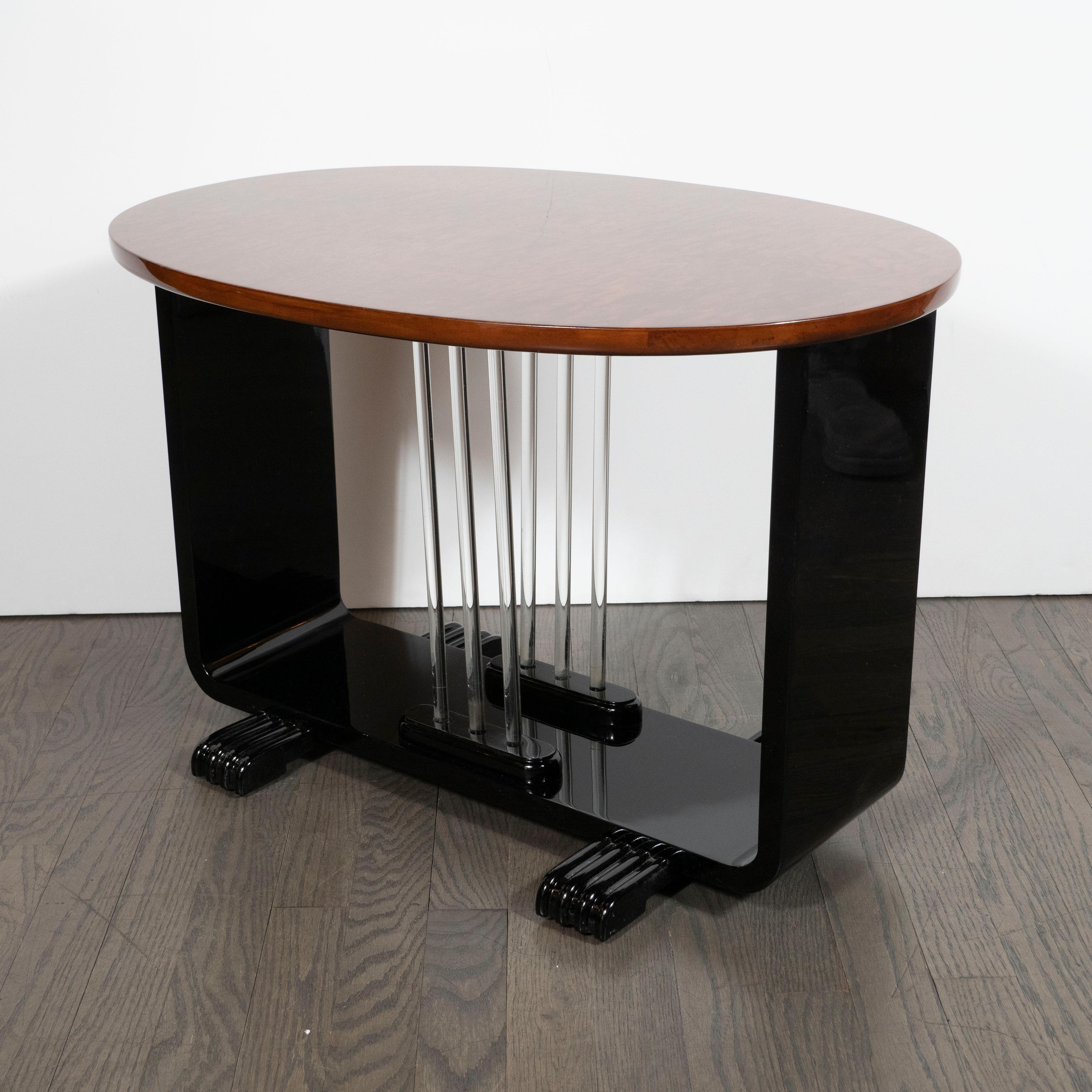 Mid-20th Century Machine Age Streamlined Art Deco Burled Elm, Black Lacquer and Glass Side Table