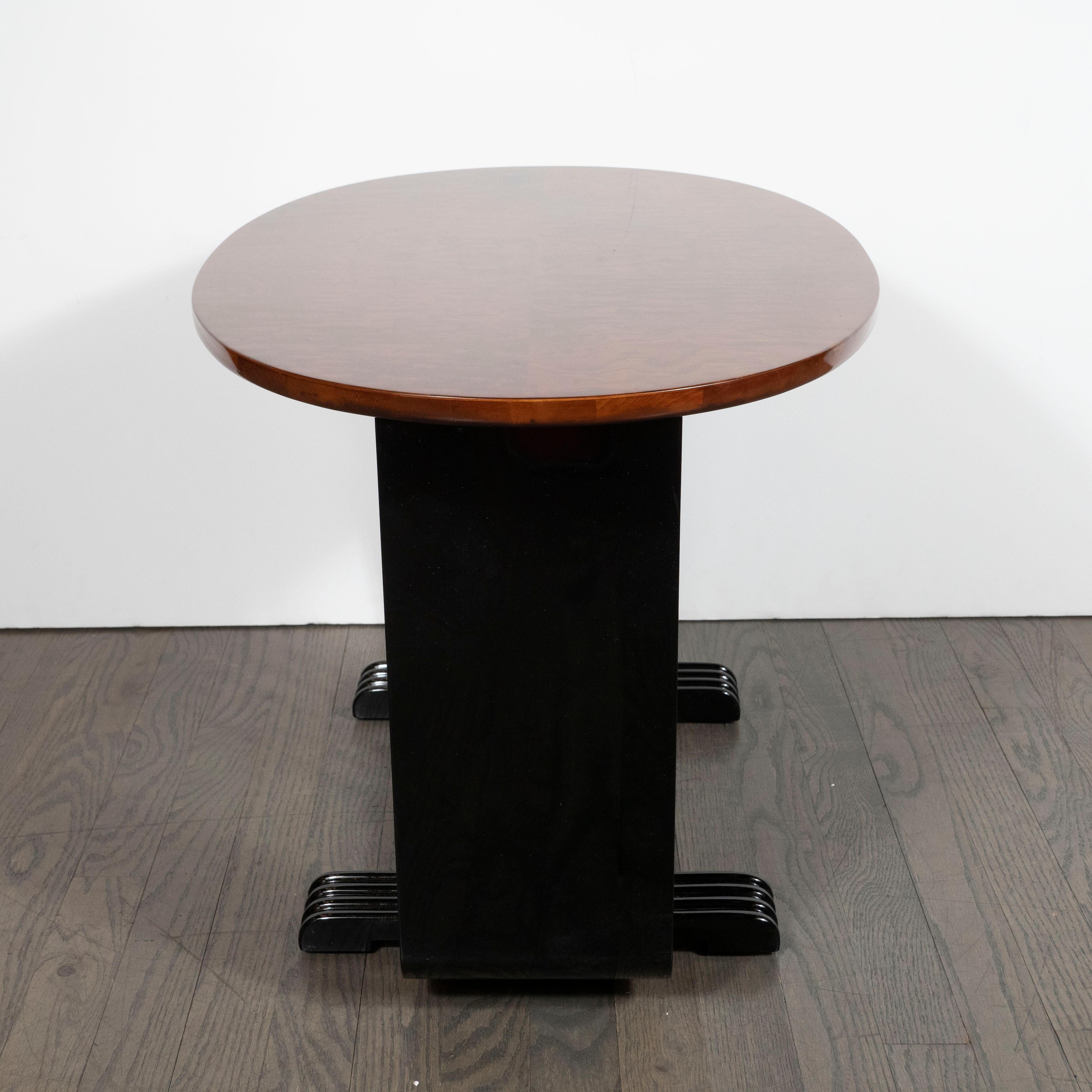 Machine Age Streamlined Art Deco Burled Elm, Black Lacquer and Glass Side Table 1