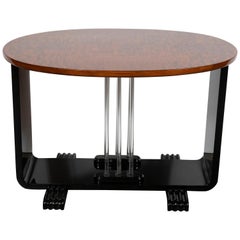 Machine Age Streamlined Art Deco Burled Elm, Black Lacquer and Glass Side Table
