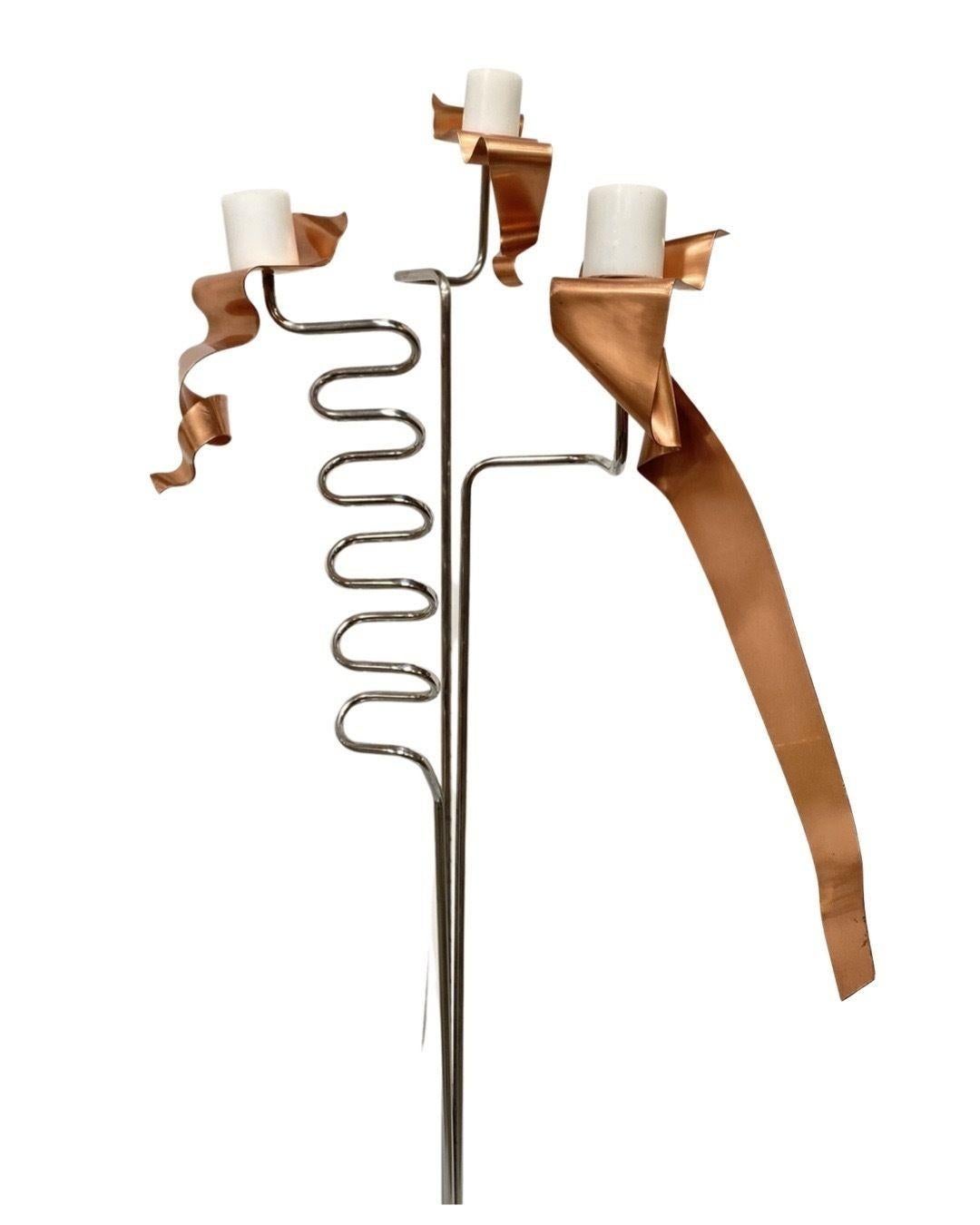 Machine Chrome & Copper 3 Arm Artist Signed Abstract Sculptural Candelabra For Sale 2