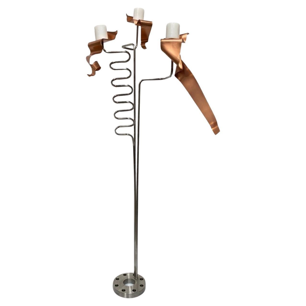 Machine Chrome & Copper 3 Arm Artist Signed Abstract Sculptural Candelabra For Sale