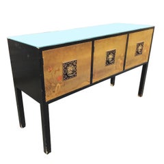 Asian inspired console cabinet with black lacquer body and hand-painted doors an