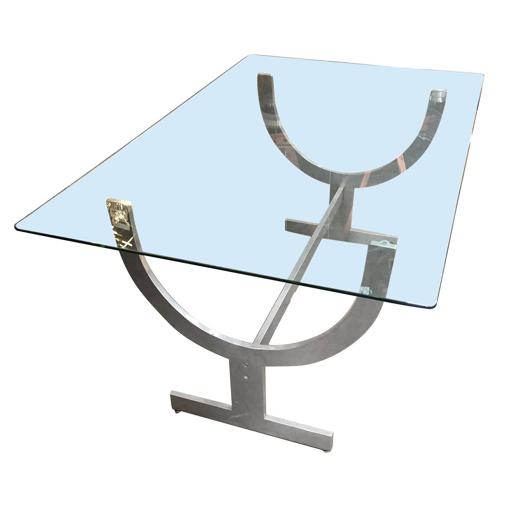 American Machined Aluminum Dining Table with Glass Top For Sale