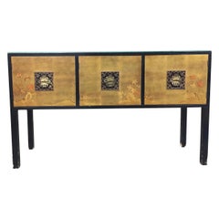 Asian inspired console cabinet with black lacquer body and hand-painted doors an