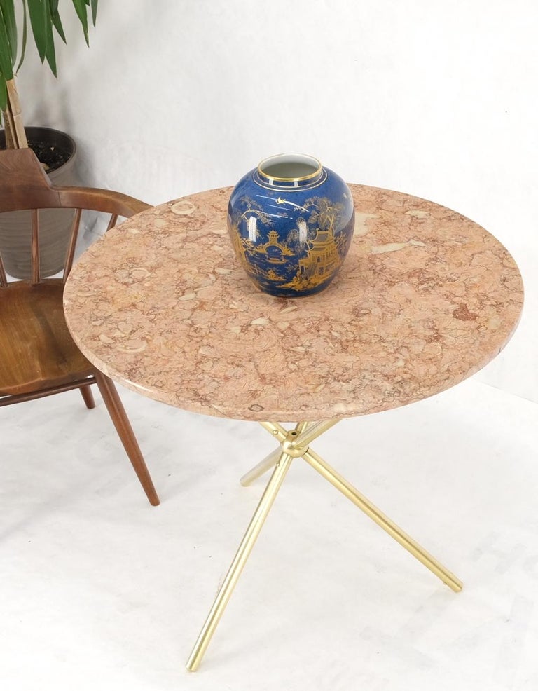 Machined Brass Tripod Base Rouge Round Marble Top Center Side Occasional Table For Sale 5