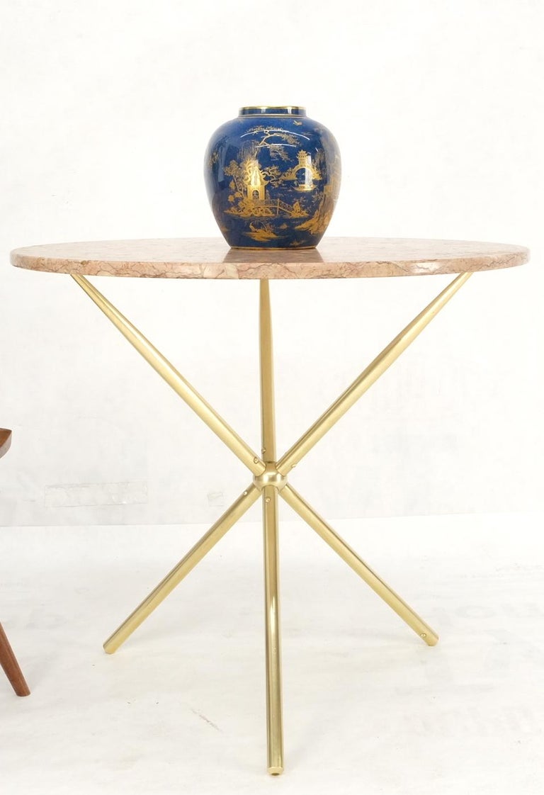 Machined Brass Tripod Base Rouge Round Marble Top Center Side Occasional Table For Sale 6
