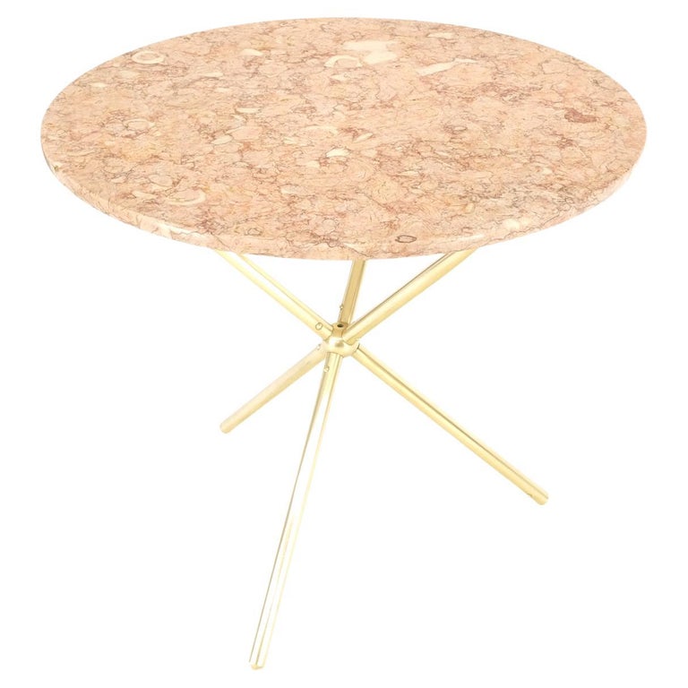 Italian machined brass tripod base rouge round marble top center side occasional lamp table stand pedestal mint.