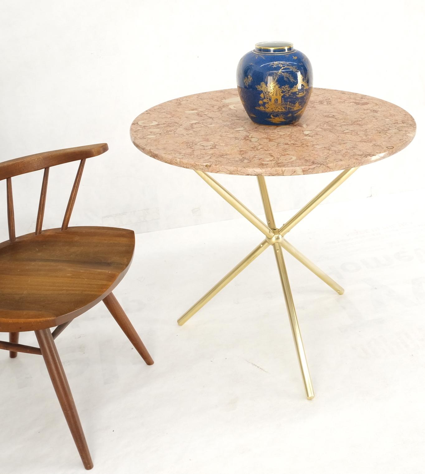 Mid-Century Modern Machined Brass Tripod Base Rouge Round Marble Top Center Side Occasional Table For Sale
