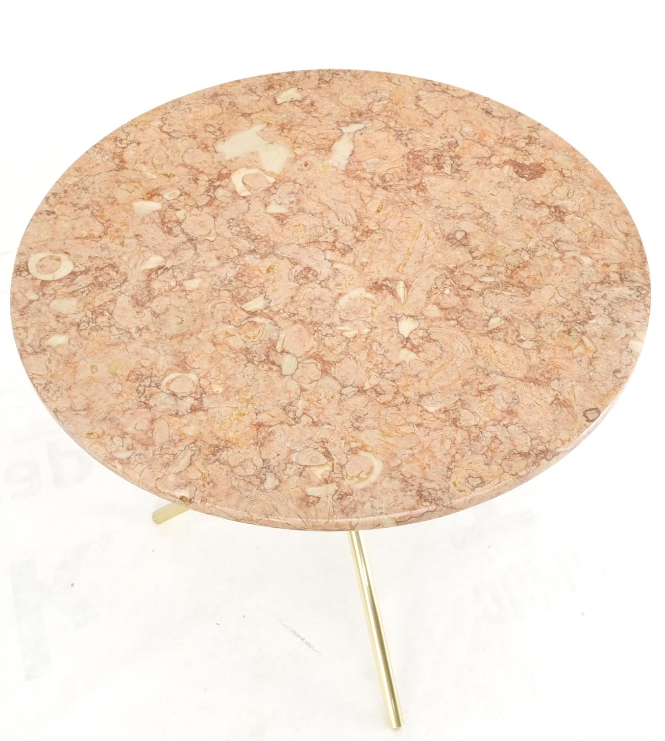 20th Century Machined Brass Tripod Base Rouge Round Marble Top Center Side Occasional Table For Sale