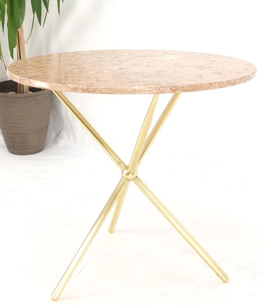 Machined Brass Tripod Base Rouge Round Marble Top Center Side Occasional Table For Sale 1