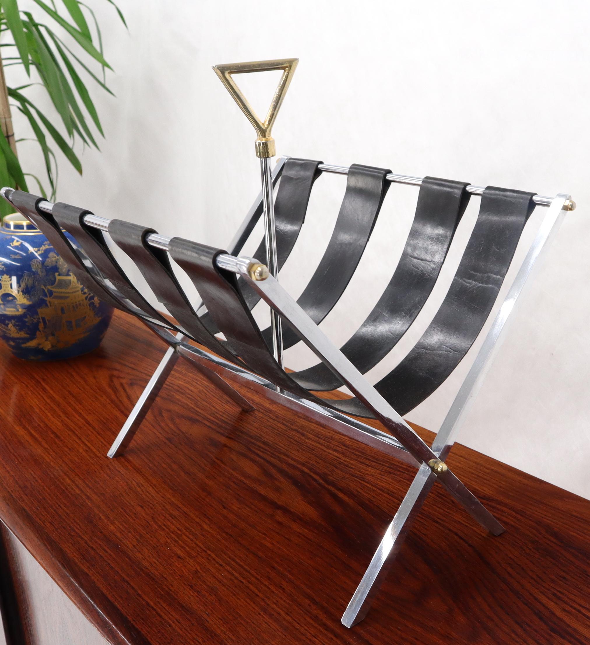 Machined Chrome Bar X Base Brass Nuts and Leather Belts Magazine Rack Shelf In Good Condition For Sale In Rockaway, NJ
