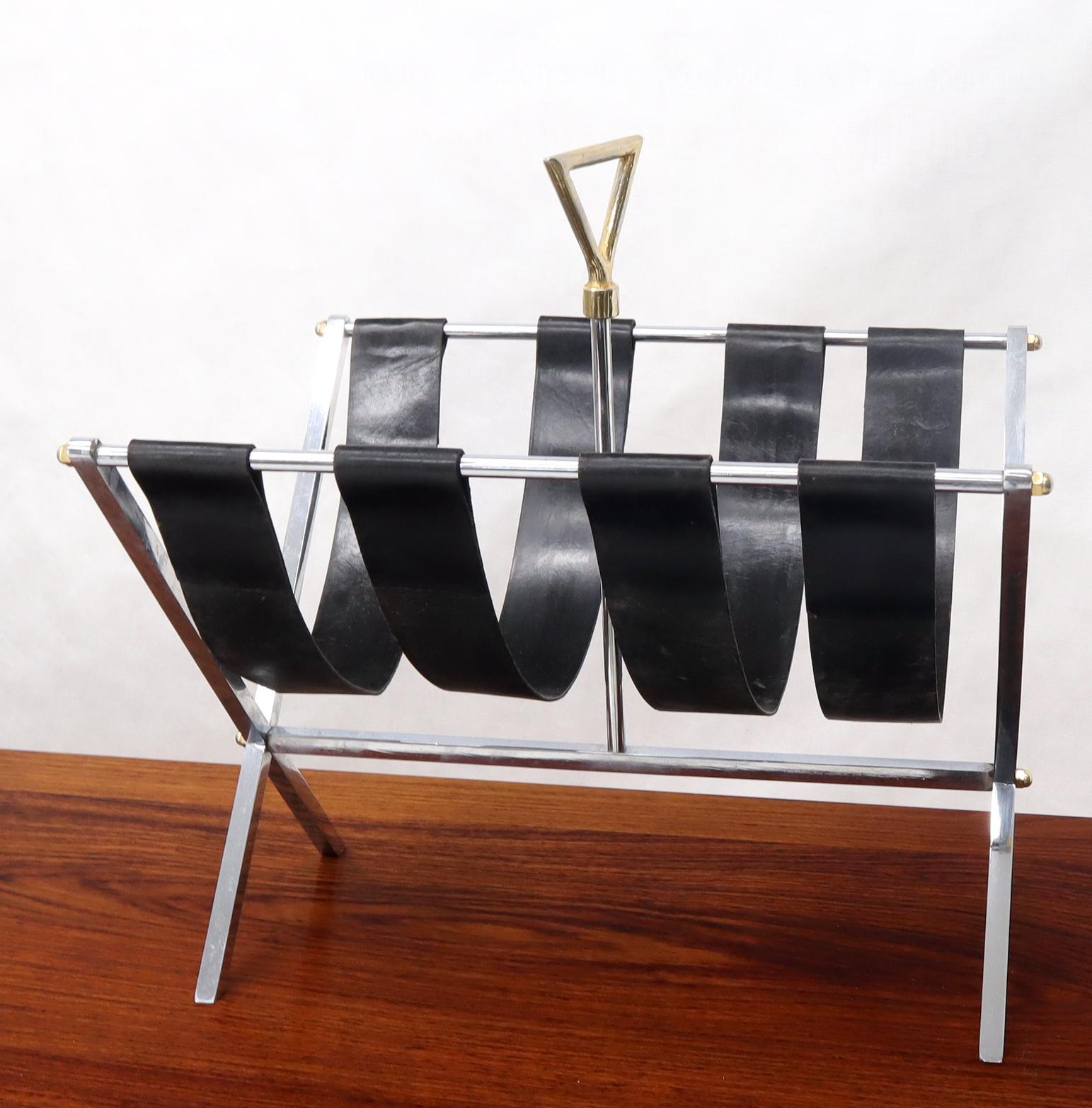 20th Century Machined Chrome Bar X Base Brass Nuts and Leather Belts Magazine Rack Shelf For Sale