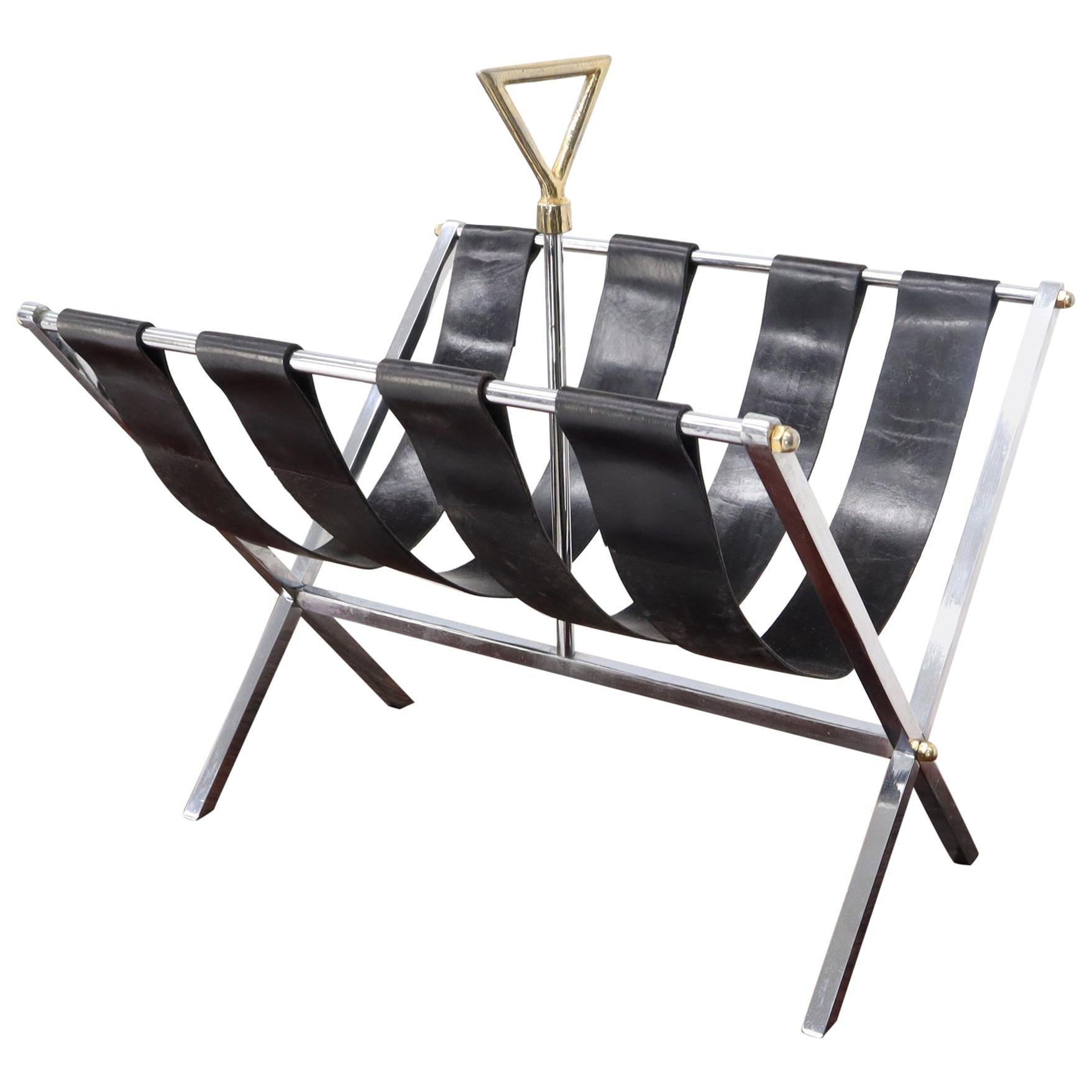 Machined Chrome Bar X Base Brass Nuts and Leather Belts Magazine Rack Shelf For Sale