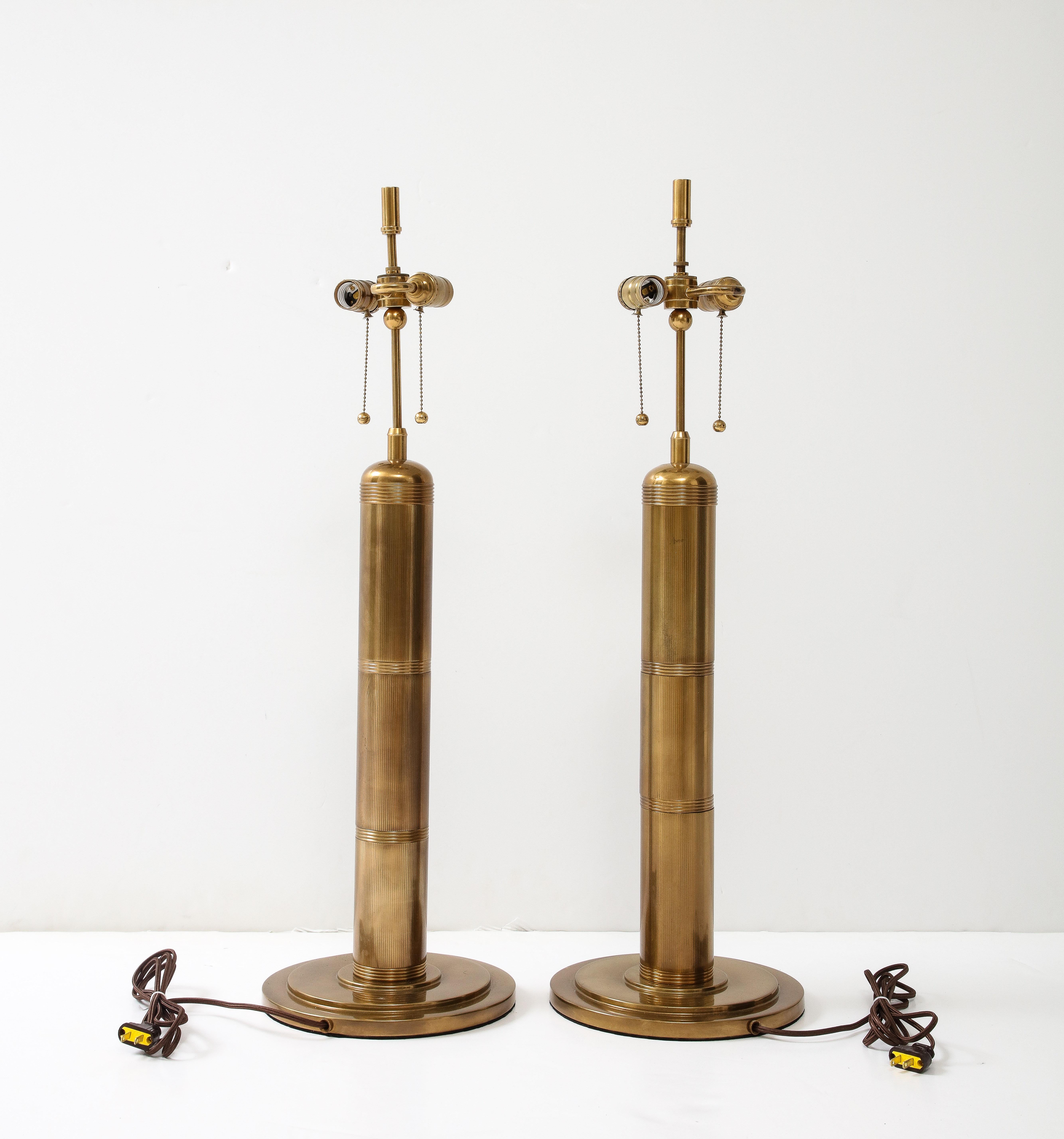 Machine Engraved Brass Lamps In Excellent Condition For Sale In New York, NY