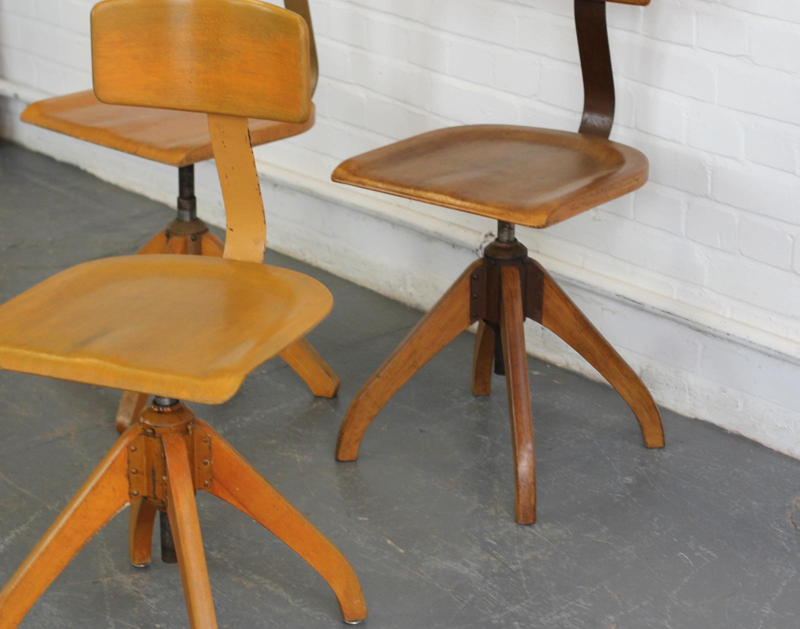 Machinists chairs by Ama Elastik, circa 1930s

- Price is per chair (3 available)
- Sprung seat and backrest
- Height adjustable
- Beech seat and back rest
- Each chair is marked with the DRGM stamp
- German, circa 1930s
- Measures: 39 cm