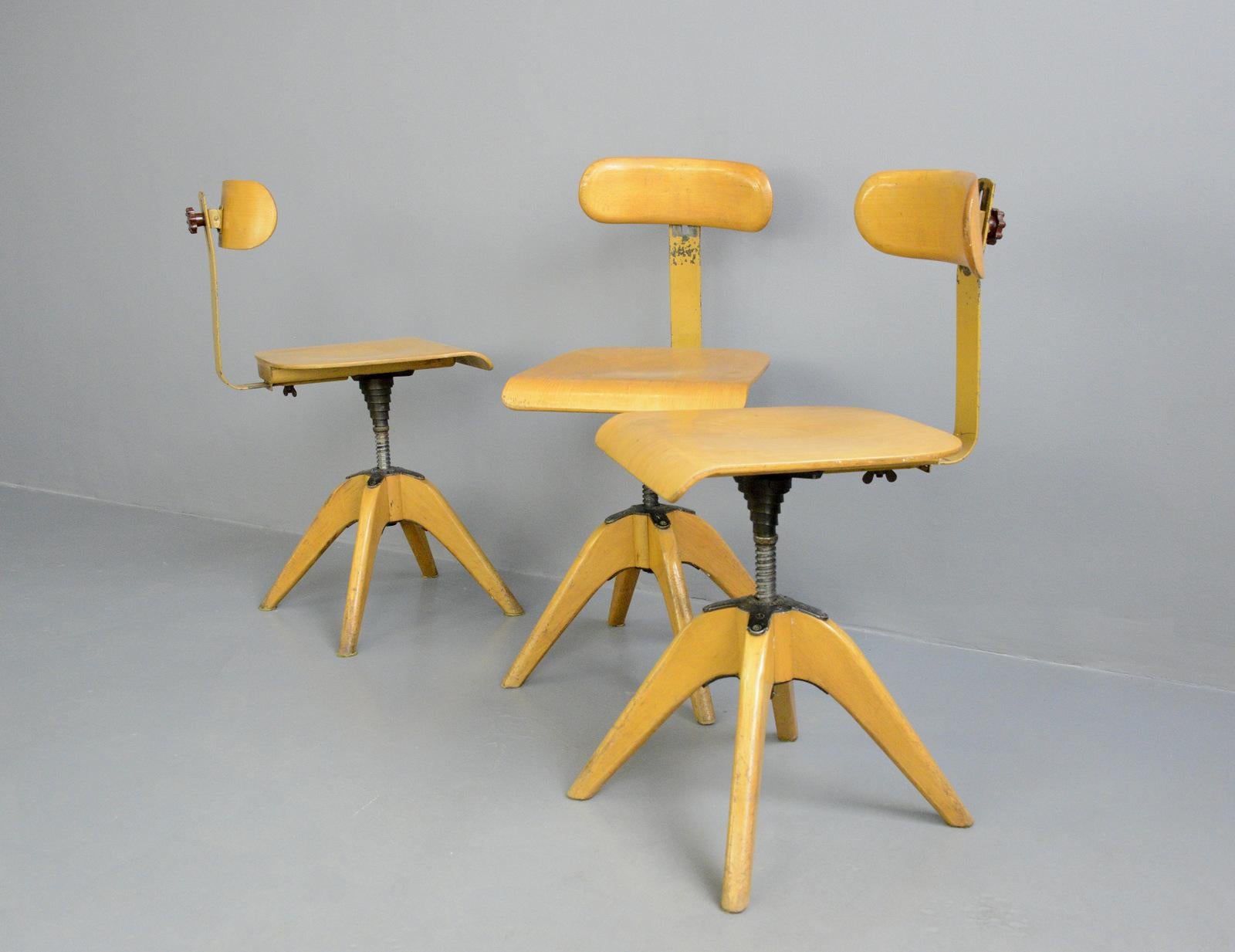 Machinists chairs by Bombenstabil, circa 1930s

- Price is per chair
- Sprung seat and backrest
- Height adjustable seat and backrest
- Made from Beech and Beech ply
- Model P30B by Bombenstabil
- German, 1930s
- Measures: 40cm wide x 48cm