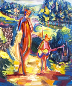 " Fauns musicians " expressive bright painting, Painting, Oil on Canvas
