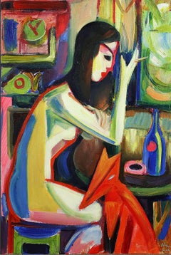 Girl with her dog, smoking in the window, Painting, Oil on Canvas
