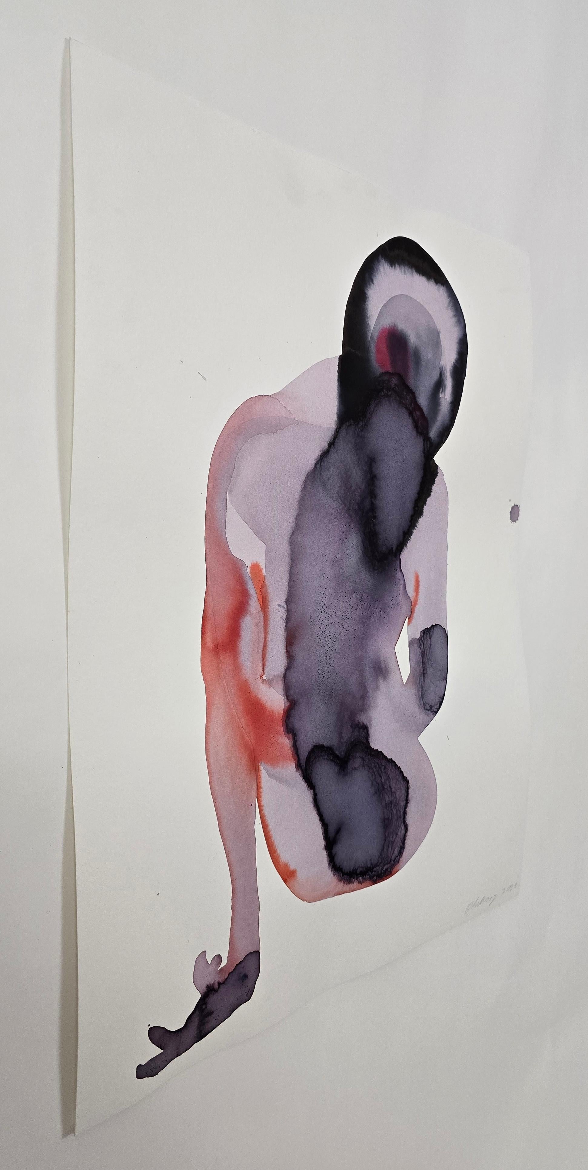 NUDE 04, 2022  -  Contemporary Figurative Ink  Painting, New Expressionism - Gray Nude by Maciej Olekszy