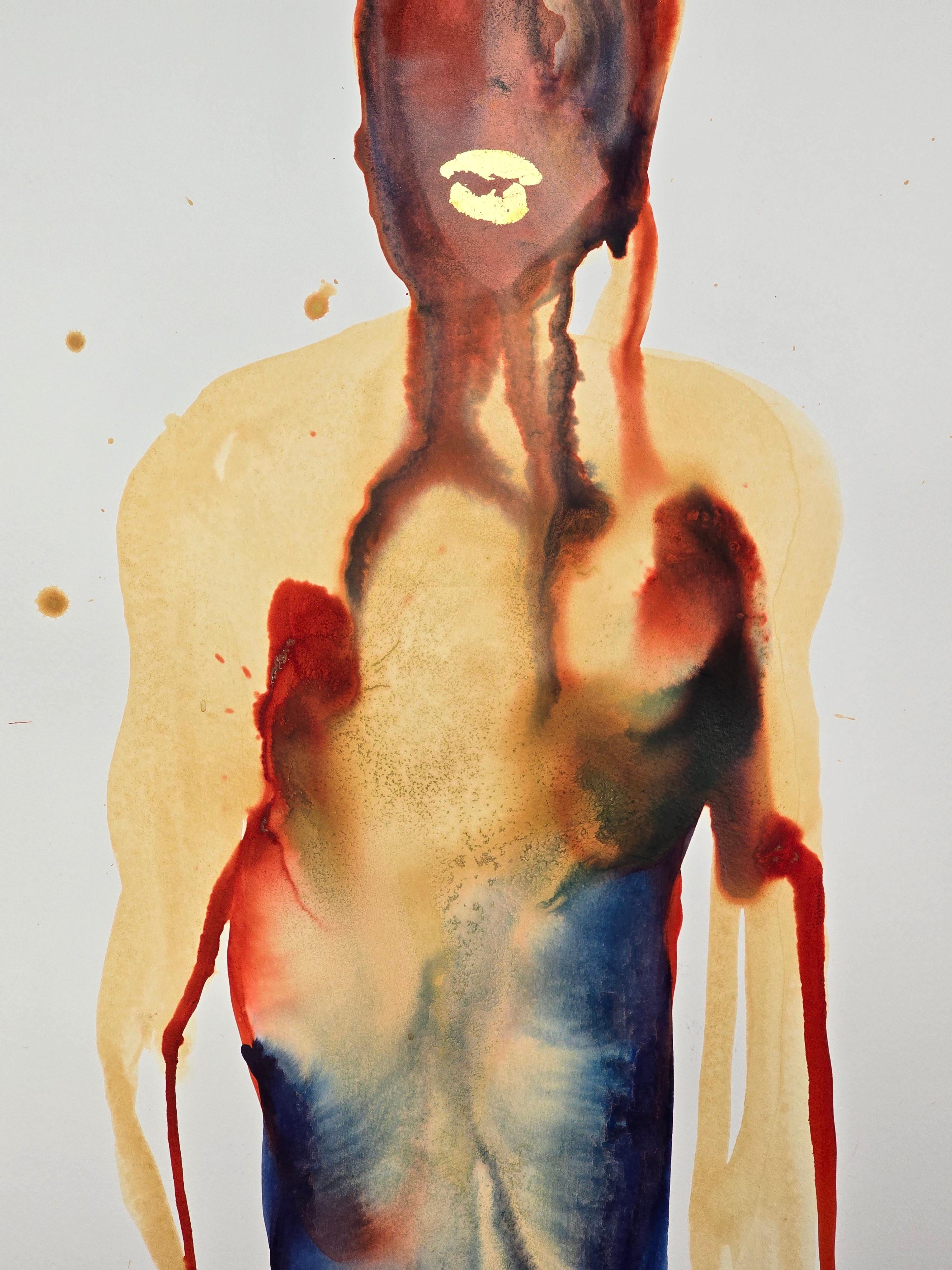 Torso With Golden Lips - Contemporary Figurative Ink Painting, New Expressionism For Sale 3