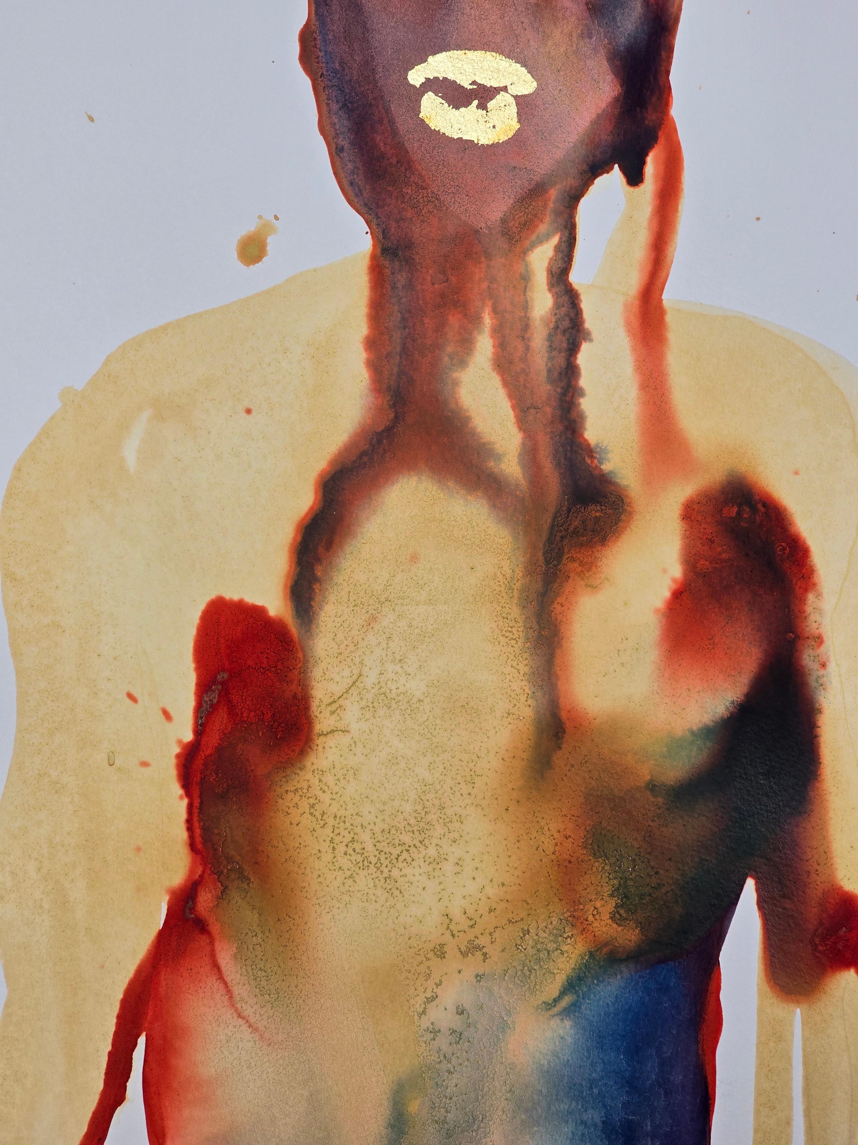 Torso With Golden Lips - Contemporary Figurative Ink Painting, New Expressionism For Sale 6