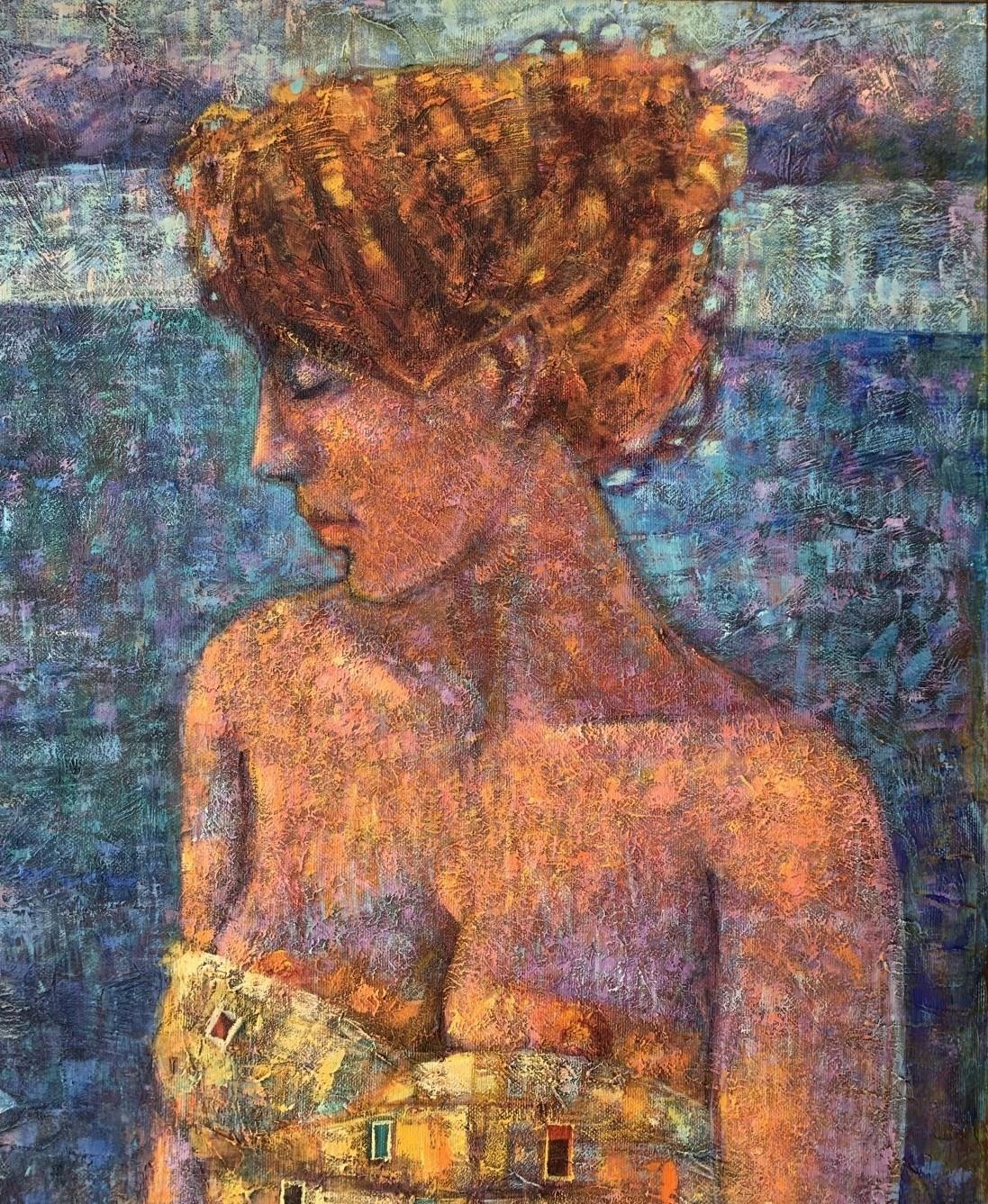 Ein Spaziergang. Acrylmalerei, Mosaik, Kubismus, farbig, weiblicher Akt, polnische Kunst – Painting von Maciej Urbaniak