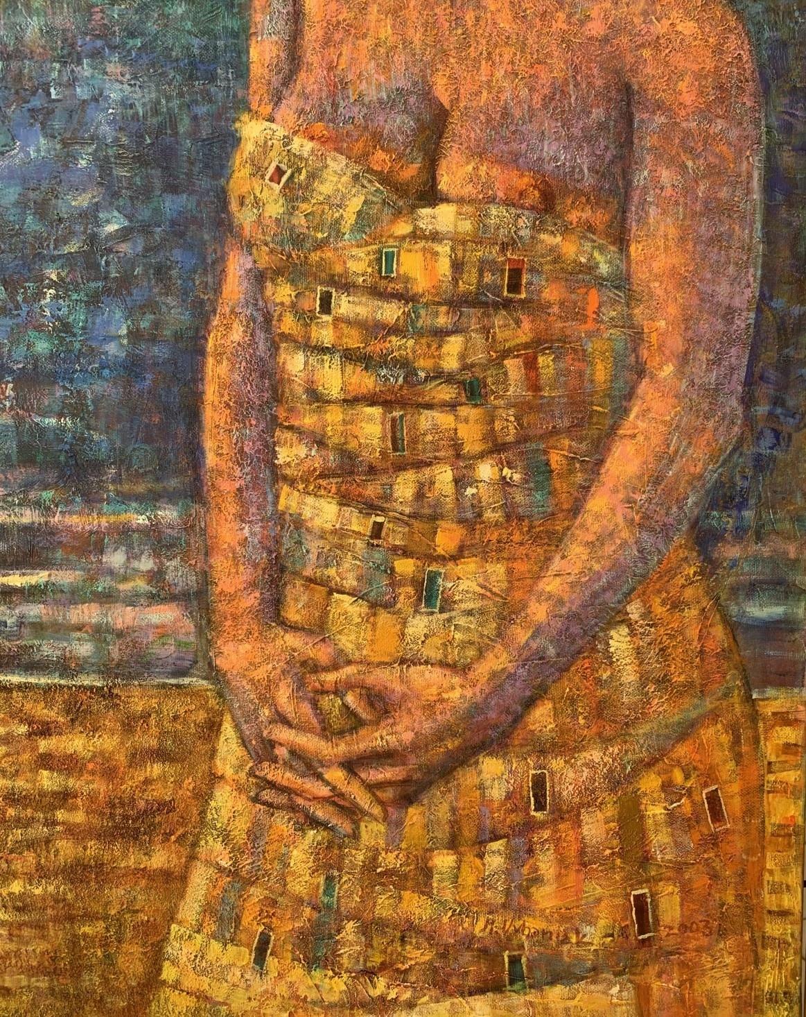Ein Spaziergang. Acrylmalerei, Mosaik, Kubismus, farbig, weiblicher Akt, polnische Kunst (Braun), Figurative Painting, von Maciej Urbaniak