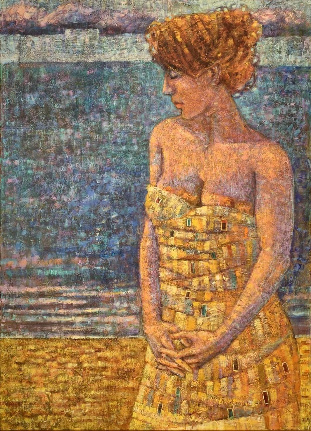 Maciej Urbaniak Figurative Painting – Ein Spaziergang. Acrylmalerei, Mosaik, Kubismus, farbig, weiblicher Akt, polnische Kunst