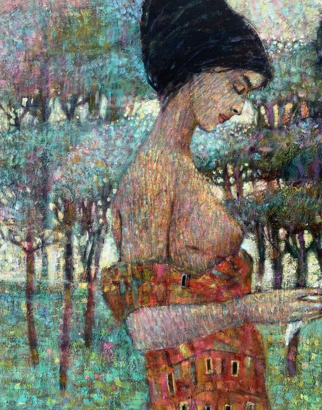 Girl with a dog. Acrylic painting, mosaic, cubism, colorful, Polish art - Gray Still-Life Painting by Maciej Urbaniak