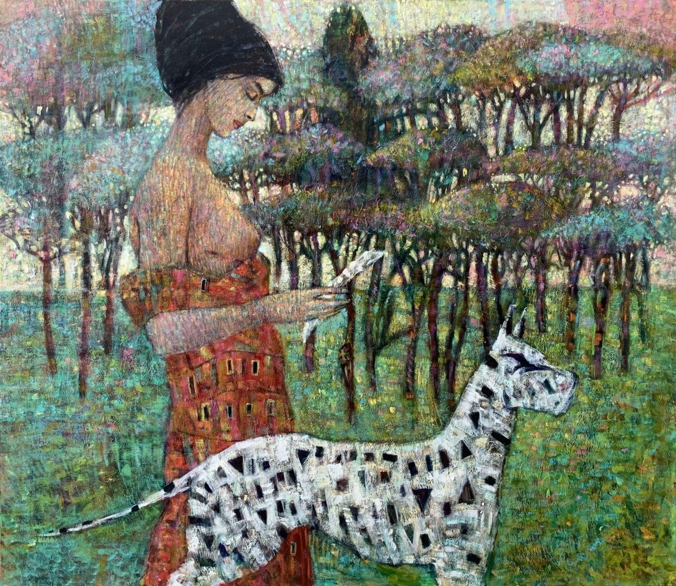 Mädchen mit einem Hund. Acrylmalerei, Mosaik, Kubismus, bunt, polnische Kunst