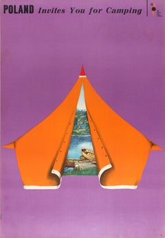 Original Vintage-Reiseplakat „ Poland Invites You Camping“, Maciej Urbaniec, Maciej