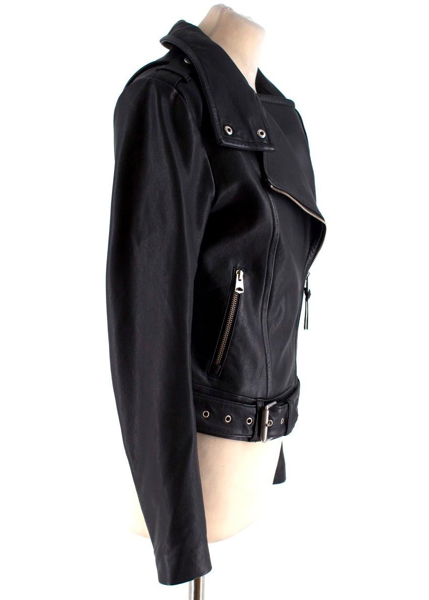 Mackage black leather jacket

- Black, leather 
- Notch lapel, high neck
- Long sleeves, expandable zip cuffs 
- Zip fastening pockets 
- Adjustable hem belt
- Asymmetric front zip fastening  
- Black satin lining 

Please note, these items are