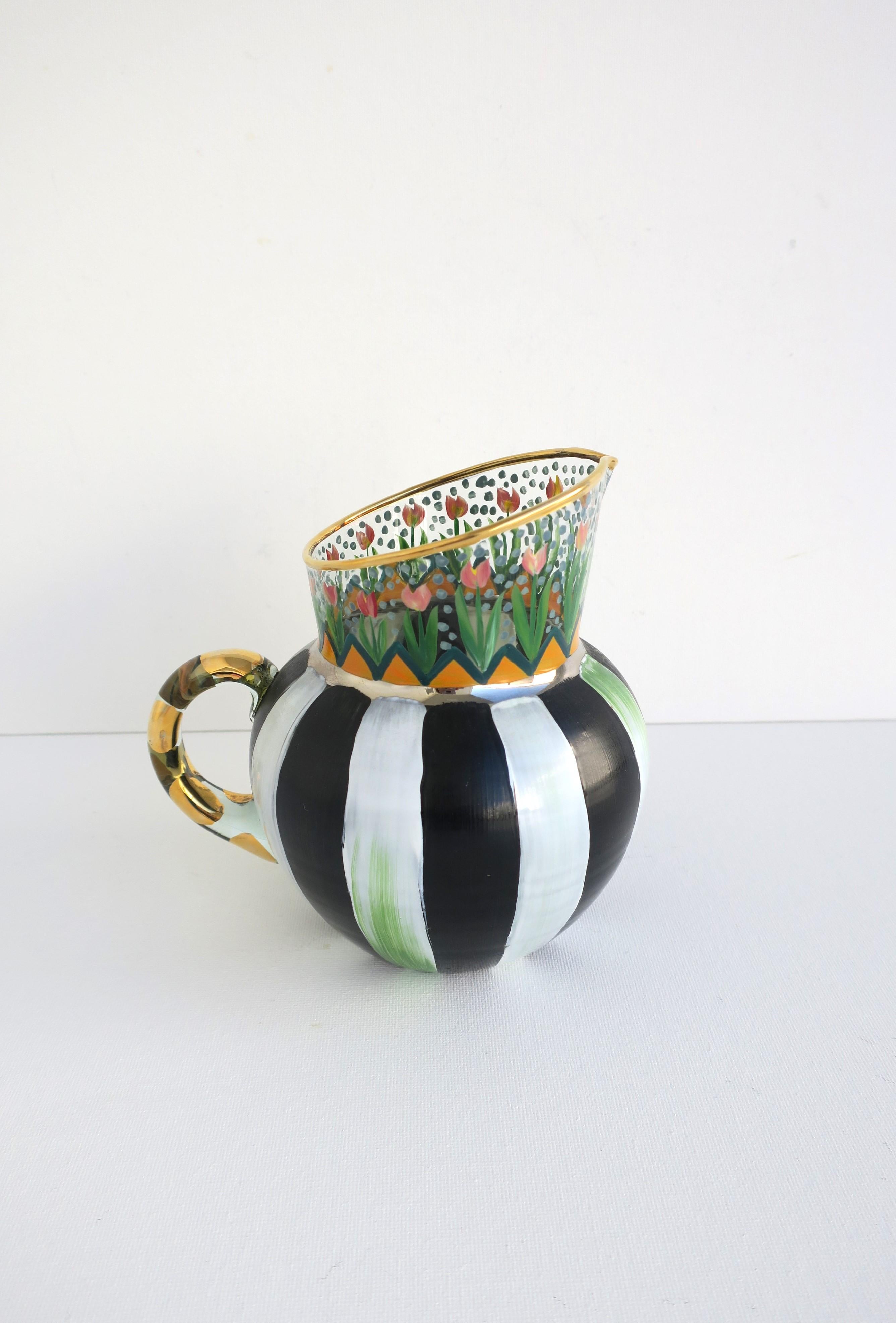 Post-Modern Mackenzie Childs Art Glass Pitcher or Vase with Garden Design, circa 1990s For Sale