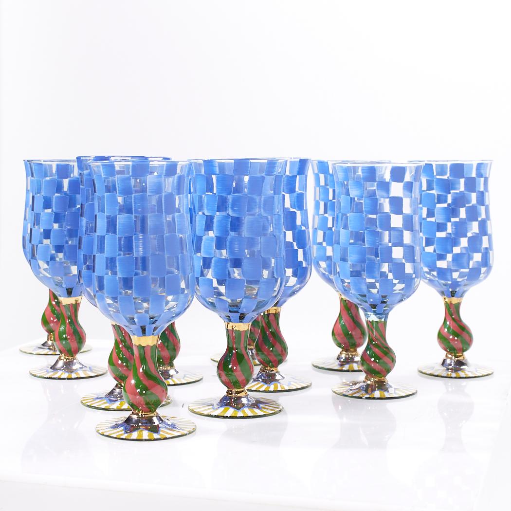 Modern Mackenzie Childs Blue Check Hand Painted Circus Wine Water Glass Goblets - 12 For Sale