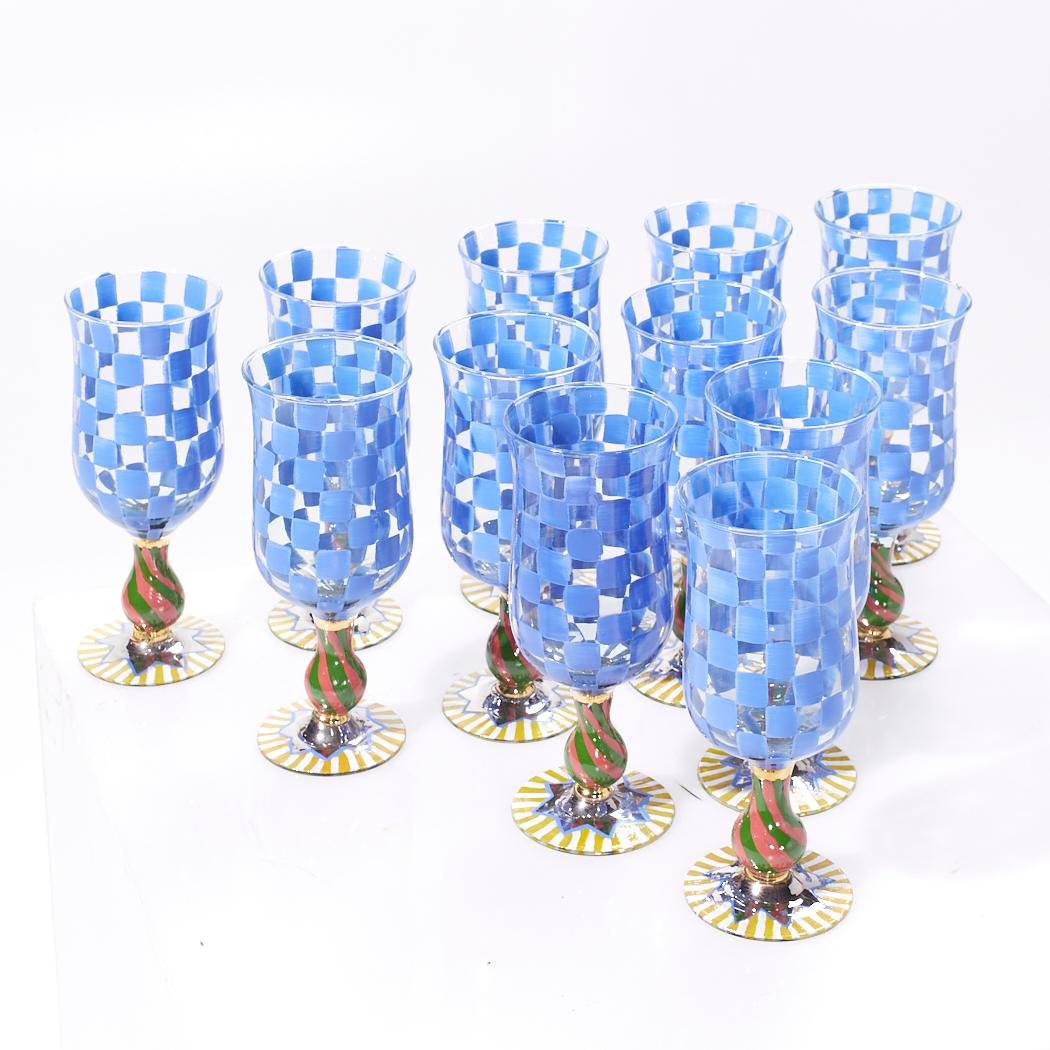 American Mackenzie Childs Blue Check Hand Painted Circus Wine Water Glass Goblets - 12 For Sale